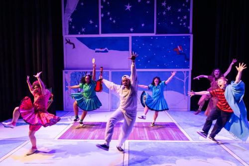 Alegra Batara, Chloe Michele, Keola Kapulani Holt, Karin Terry,  Alexander Kilian, and Kooper Campbell in A Charlie Brown Christmas at Taproot Theatre. Photo by Robert Wade Photography.