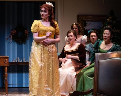 Claire Marx with Melanie Hampton, Kelly Karcher, Shanna Allman, and Annie Yim in Georgiana and Kitty: Christmas at Pemberley by Lauren Gunderson and Margot Melcon. Photo by Robert Wade Photography.