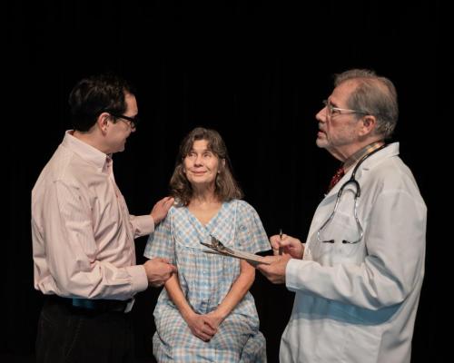 Richard Nguyen Sloniker, Pam Nolte and Scott Nolte in How to Write a New Book for the Bible at Taproot Theatre. Photo by Robert Wade.