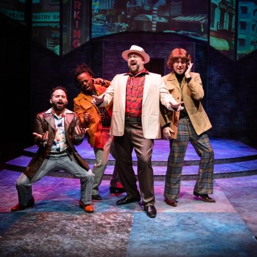 Rolando Cardona, Eyual Degaga, Danny Kam, and Christopher Clark in Sister Act at Taproot Theatre. Photo by Robert Wade.