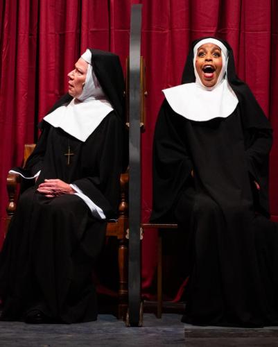 Anne Allgood and Alexandria J. Henderson in Sister Act at Taproot Theatre. Photo by Robert Wade.