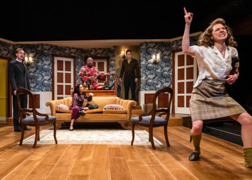 Eric Hampton, Miranda Antoinette, Nathan Tenenbaum, James Schilling, and Shanna Allman in See How They Run at Taproot Theatre. Photo by Robert Wade.