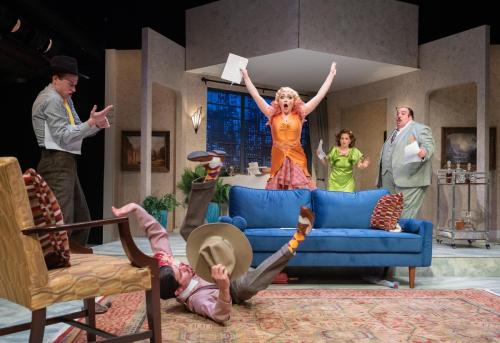 Miguel Castellano on the floor, then L to R: Calder Shilling, Claire Marx, Kelly Karcher, and Tyler Matthew Campbell in Jeeves Takes a Bow at Taproot Theatre. Photo by Robert Wade.